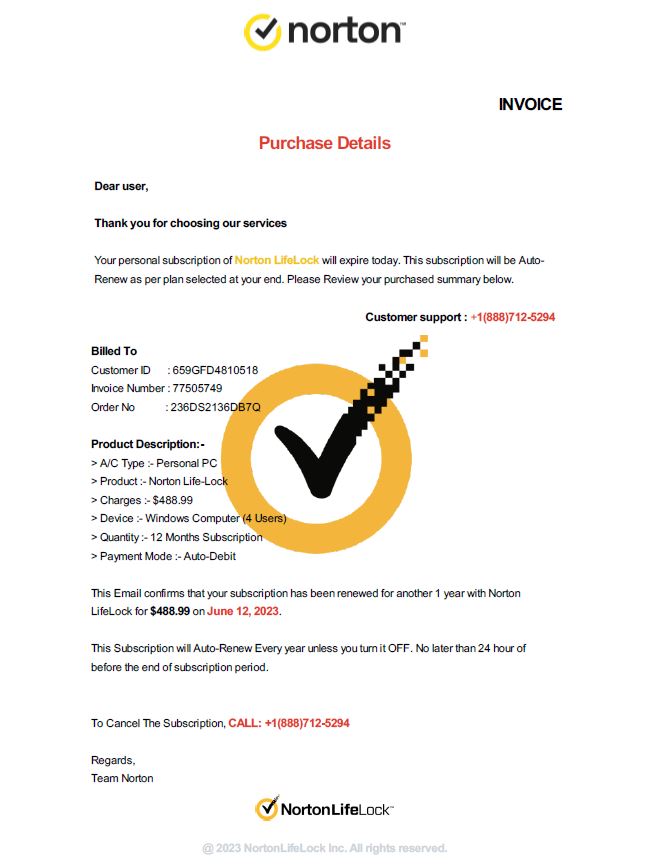 Screenshot of invoice from Norton for purchase of security software, with content provided above