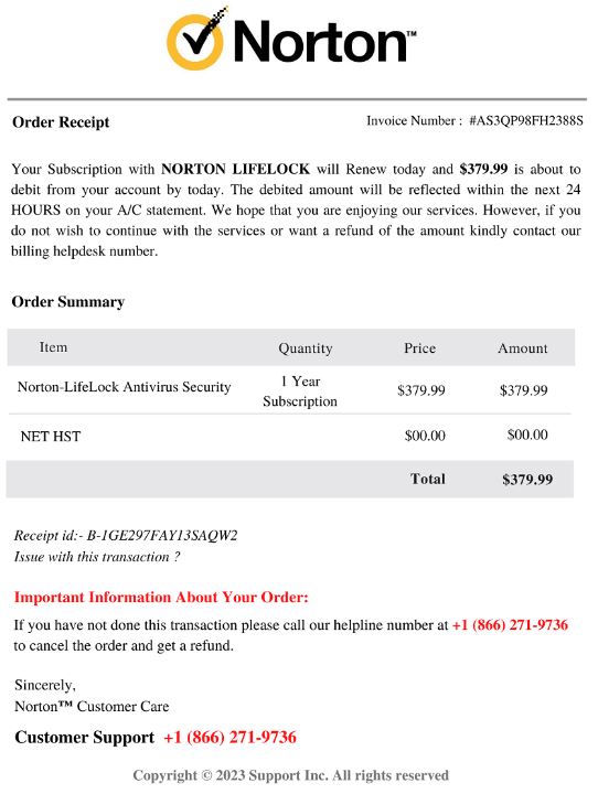 Screenshot of invoice from Norton LifeLock for purchase of security software, with content provided above